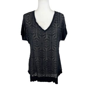 Single Los Angeles Blouse Women Small Black Aztec Print Lace V-Neck Short Sleeve